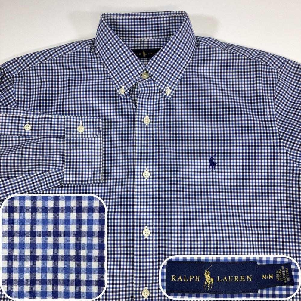 Polo Ralph Lauren Shirt Mens Medium Navy Blue White Gingham Check Classic Fit